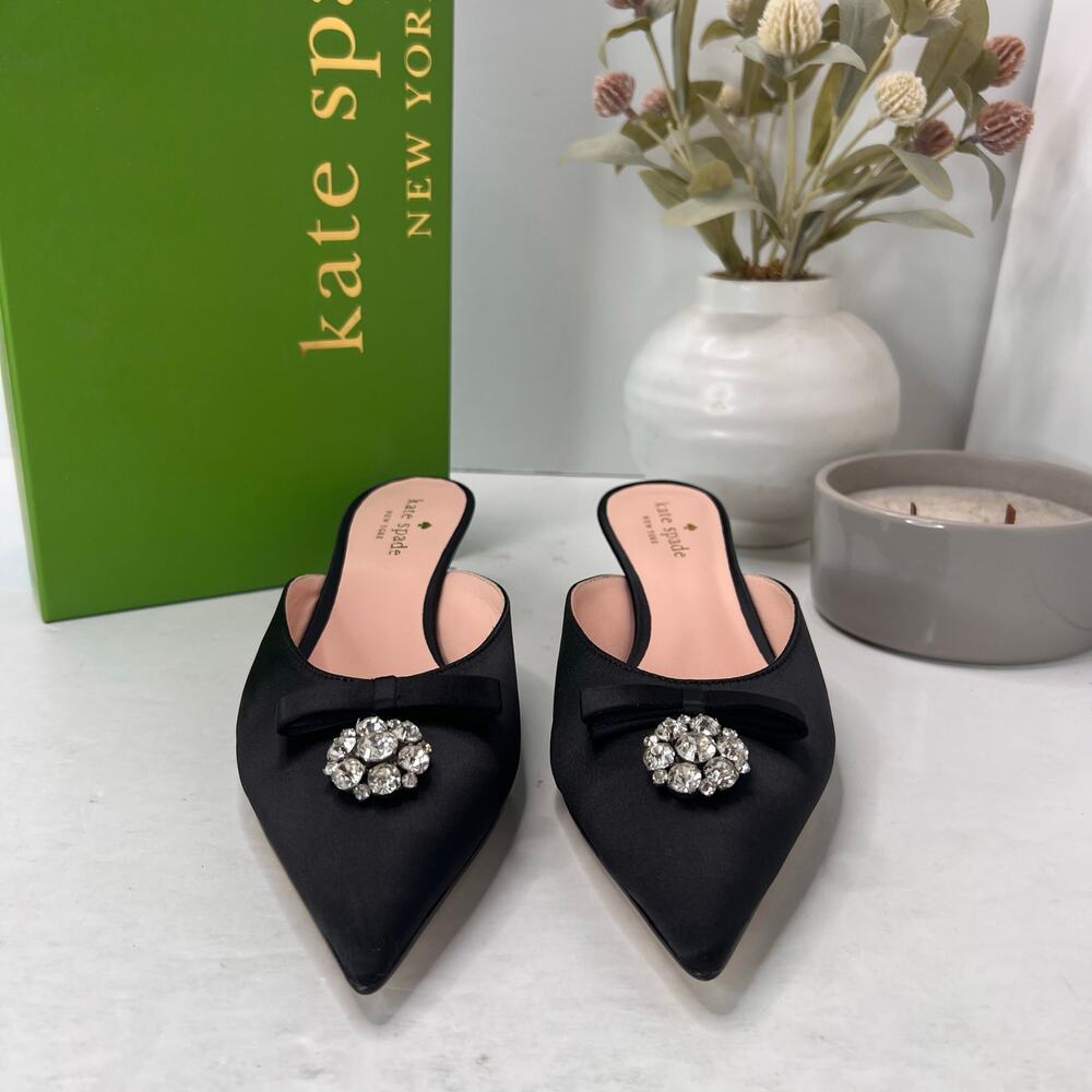 Kate Spade Darlene Satin Crystal/Bow Kitten Heel Mule Black Women 7M Tried On - Picture 3 of 11